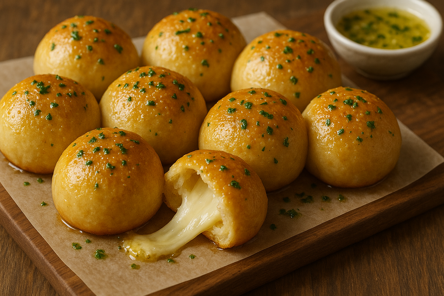 Freshly baked Garlic Butter Cheese Bombs on a serving platter.