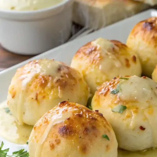 Freshly baked Garlic Butter Cheese Bombs on a serving platter.