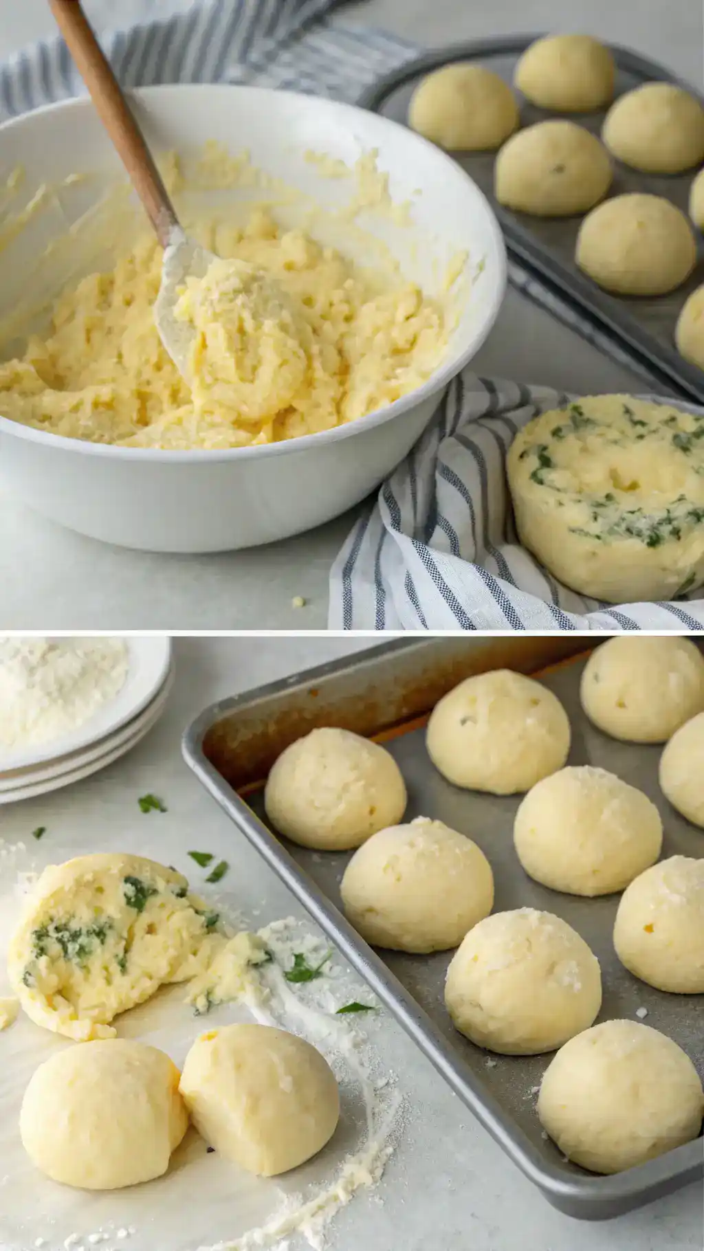 Step-by-step process of making Garlic Butter Cheese Bombs with ingredients displayed.