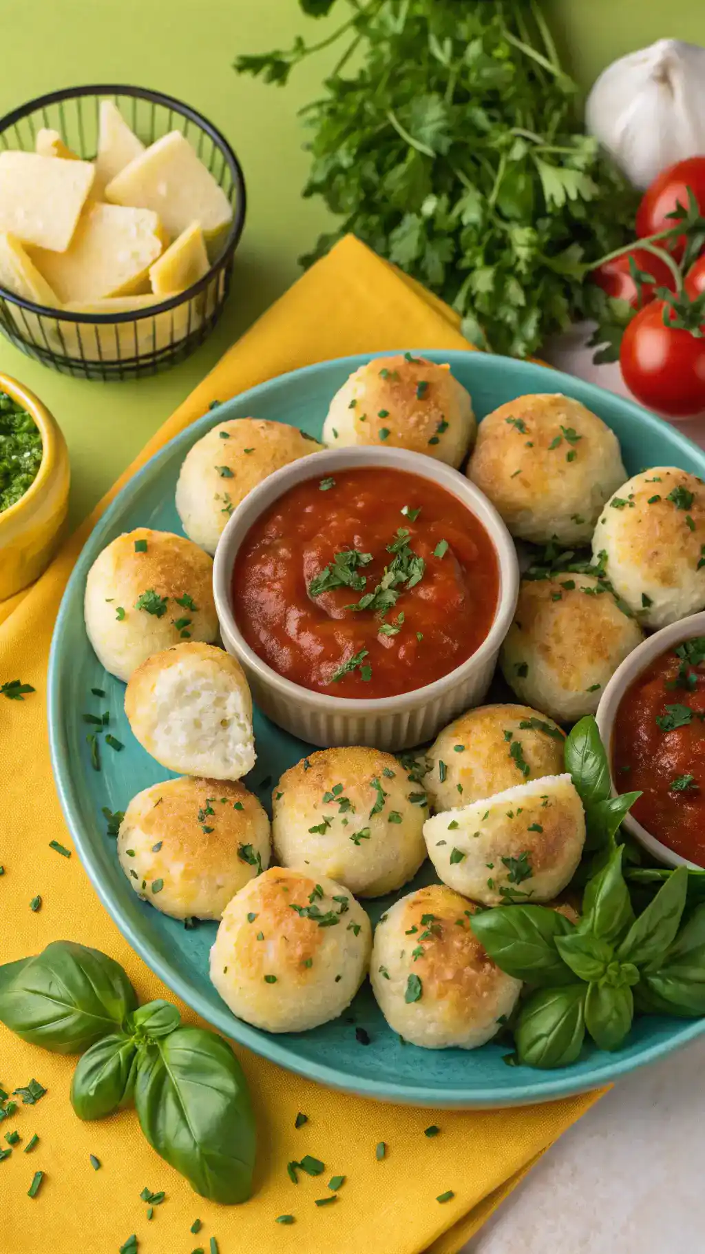 Serving suggestions for Garlic Butter Cheese Bombs with dips and sides.