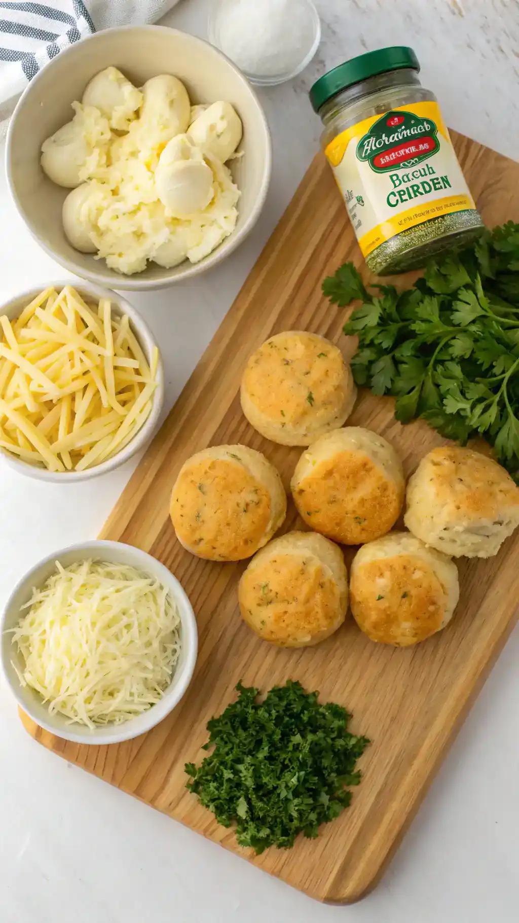 Ingredients for Garlic Butter Cheese Bombs displayed on a wooden countertop.