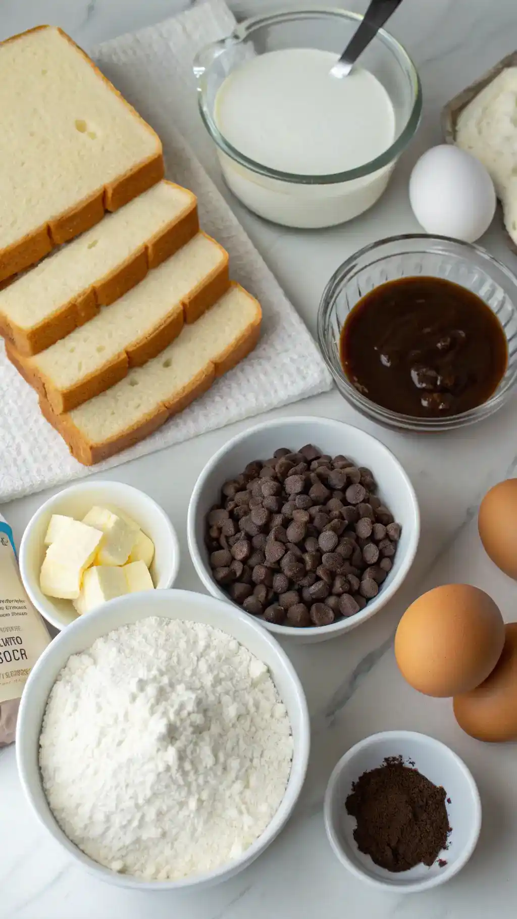 Ingredients for Hot Fudge Brownie Bread including flour, cocoa powder, eggs, and hot fudge sauce.