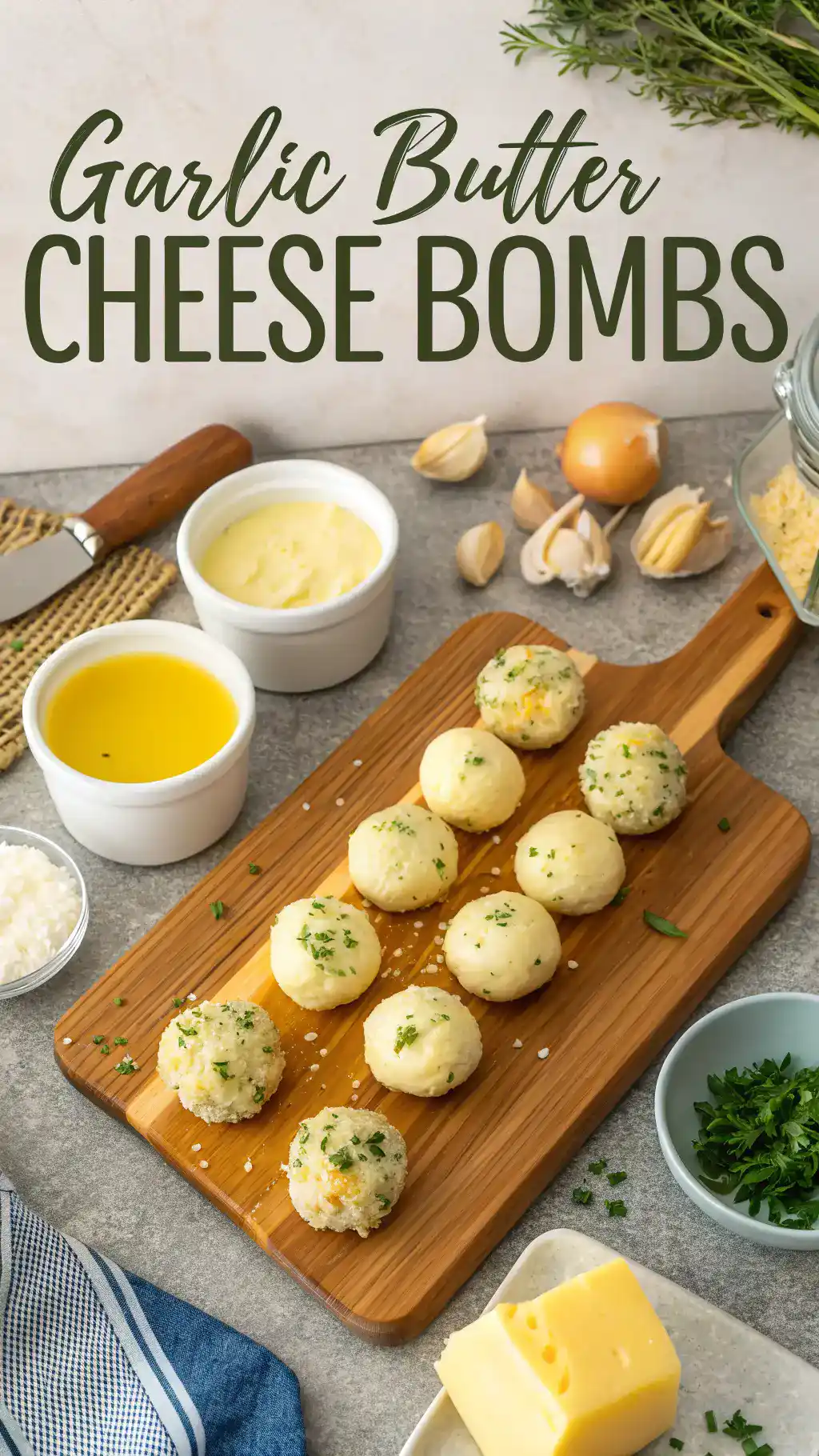 Pro tips for making Garlic Butter Cheese Bombs displayed with ingredients.