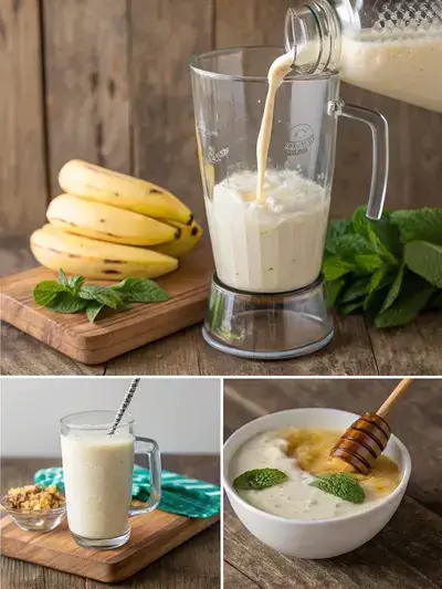 Step-by-step images of making a 4 Ingredient Mounjaro smoothie, including ingredients in a blender, blending process, pouring into a glass, and garnishing with mint.