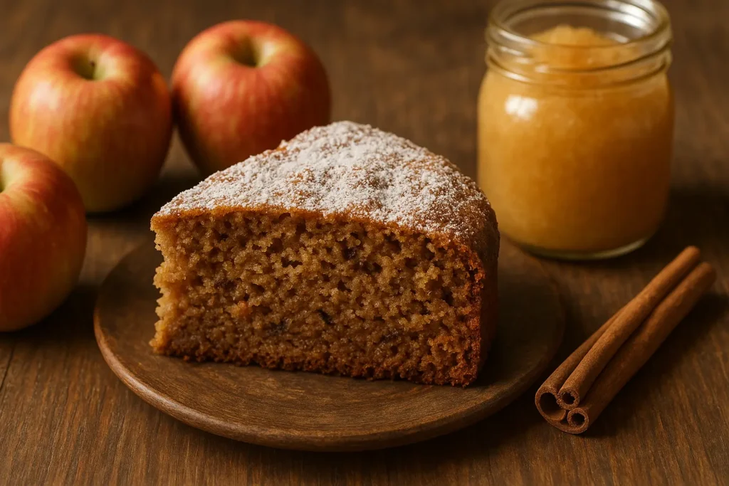 Freshly baked Amish Applesauce Cake on a rustic plate, dusted with powdered sugar.
