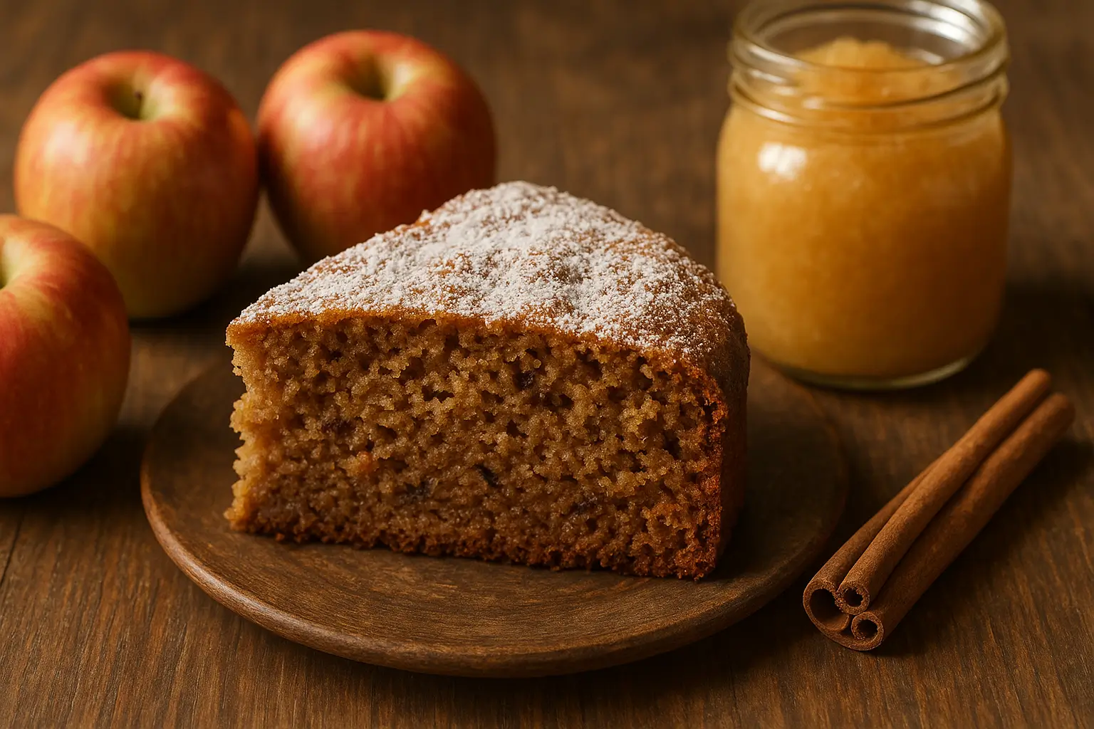 Freshly baked Amish Applesauce Cake on a rustic plate, dusted with powdered sugar.