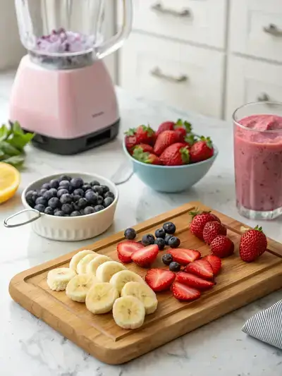 Ingredients for Berry Banana Weight Loss Smoothie including sliced bananas, hulled strawberries, blueberries, and a blender.