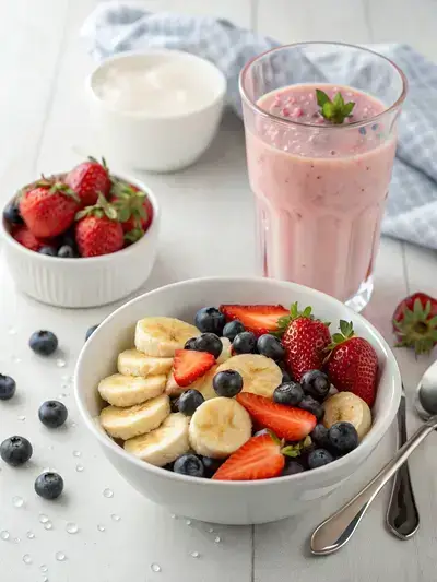 Top-down view of a white bowl with sliced bananas, strawberries, and blueberries, accompanied by a glass of water and a pink smoothie.
