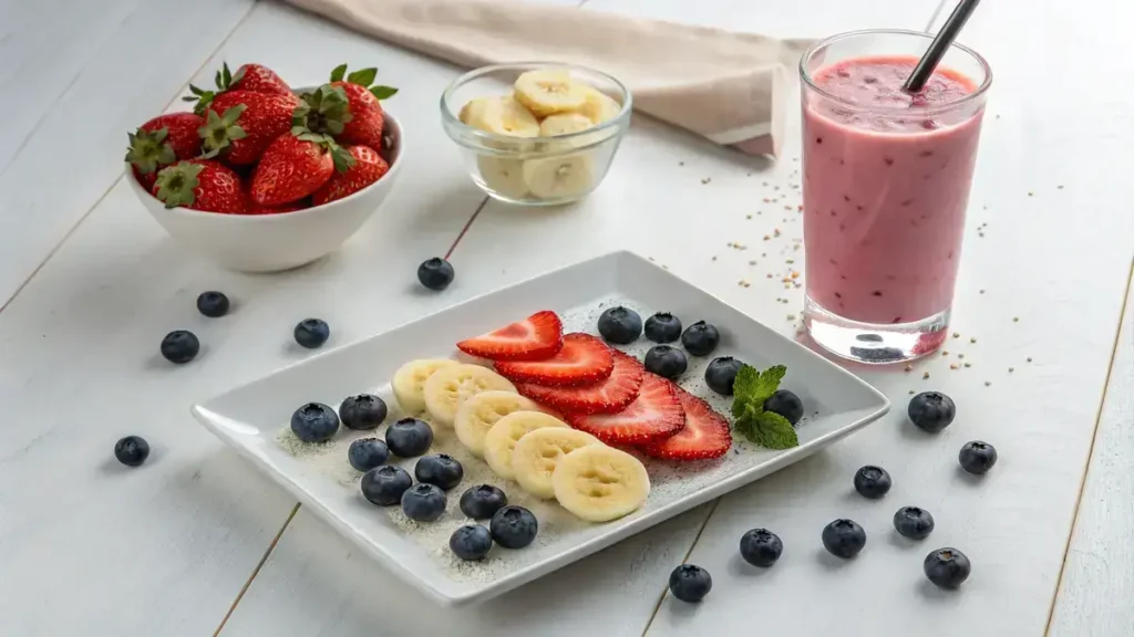Top-down view of a white plate with sliced bananas, blueberries, and strawberries, accompanied by a glass of water and a pink smoothie.