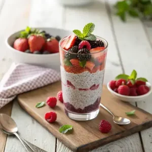 Close-up of a glass of chia pudding with berries and mint on a wooden table, illuminated by soft natural light.