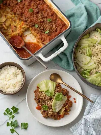 Step-by-step preparation of Cabbage Roll Casserole, showcasing ingredients and cooking process.