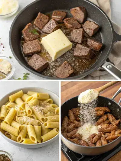 Step-by-step images of preparing Cajun Steak Tips with rigatoni pasta.
