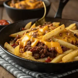 Sizzling skillet of cheeseburger French fry casserole with cheese and fries.