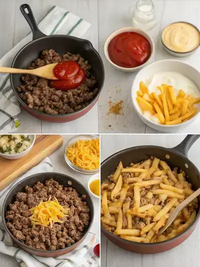 Step-by-step preparation of Cheeseburger French Fry Casserole, showcasing browning beef, mixing sauce, combining ingredients, assembling the casserole, adding cheese, and baking.