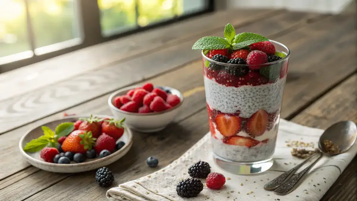 A tall clear glass filled with layered chia pudding and mixed berries on a rustic wooden table, garnished with mint leaves.