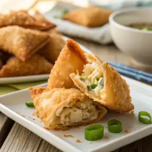 Fried crab rangoon bombs on a plate, with one piece revealing its cheesy crab filling.
