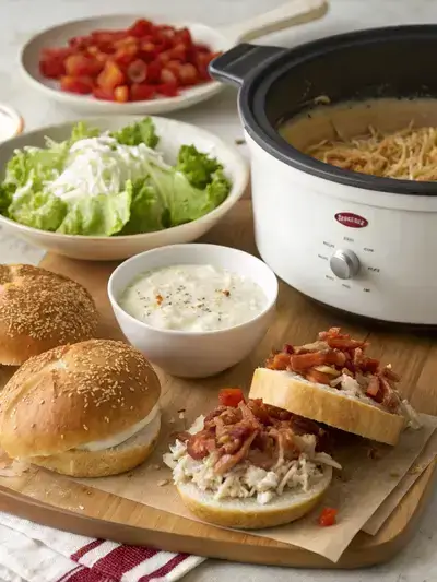 Step-by-step preparation of Crock Pot Ranch Chicken Sandwiches with ingredients displayed.