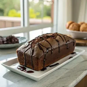 Freshly baked chocolate loaf with fudge sauce on a modern kitchen countertop.