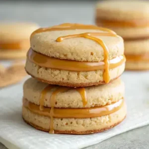 Close-up of a caramel cheesecake sandwich cookie with caramel sauce dripping down the sides.