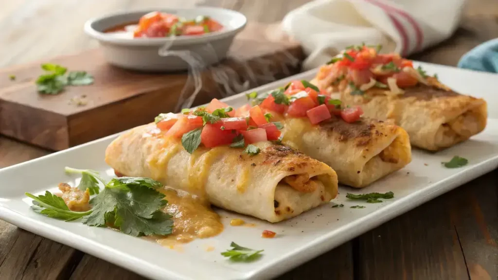 Three golden-brown beef and cheese chimichangas on a white platter, topped with cilantro and diced tomatoes.