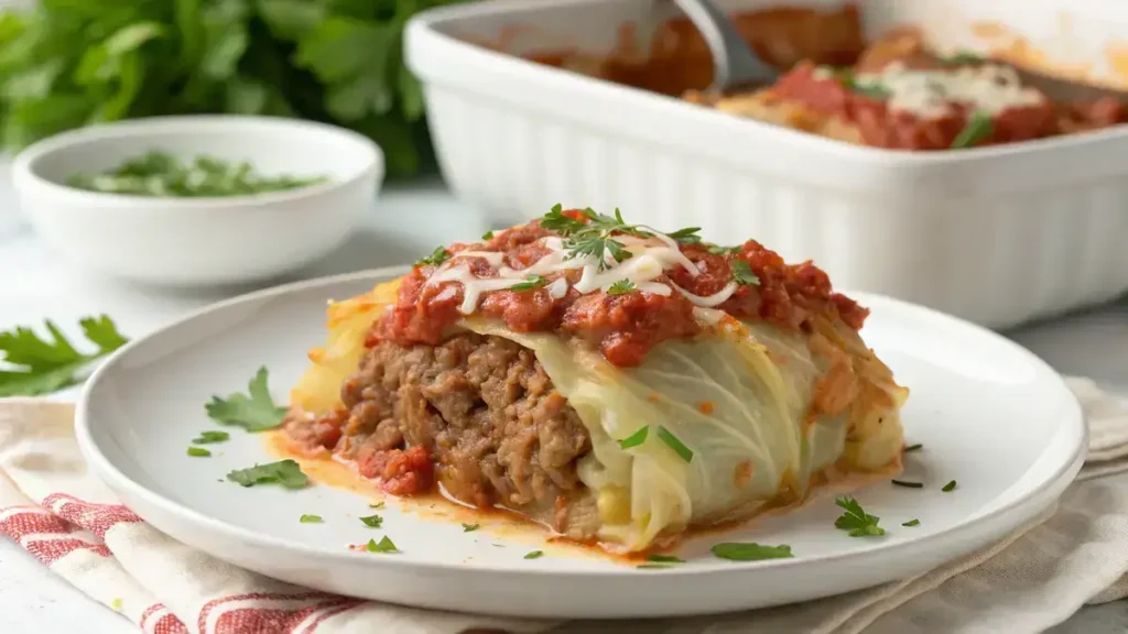 A delicious serving of Cabbage Roll Casserole on a white plate, featuring layers of cabbage, ground beef, and cheese.