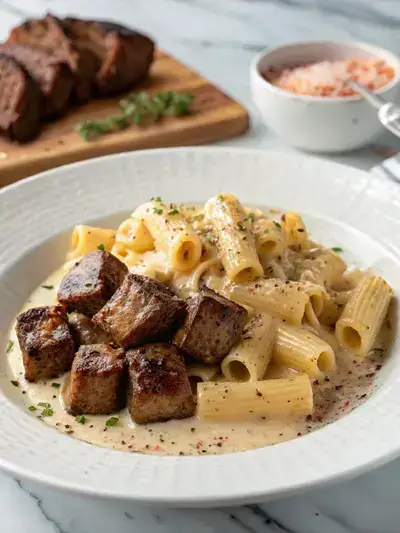 Close-up of Cajun steak tips and rigatoni pasta on a white plate