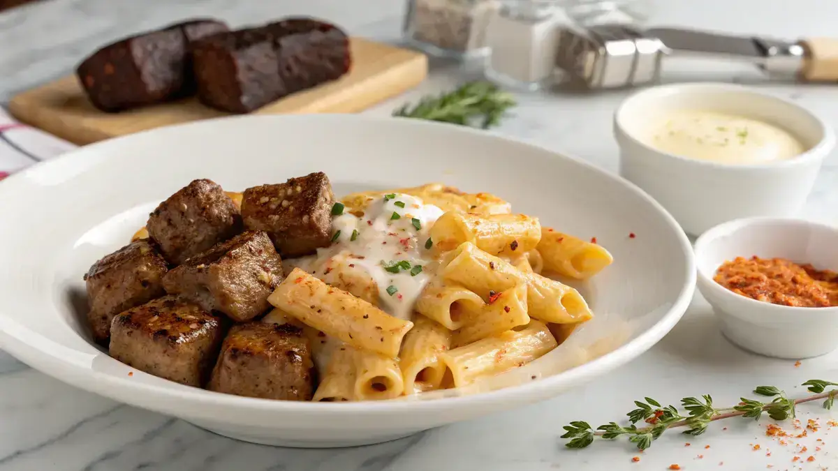 Close-up of Cajun steak tips and rigatoni pasta on a white plate