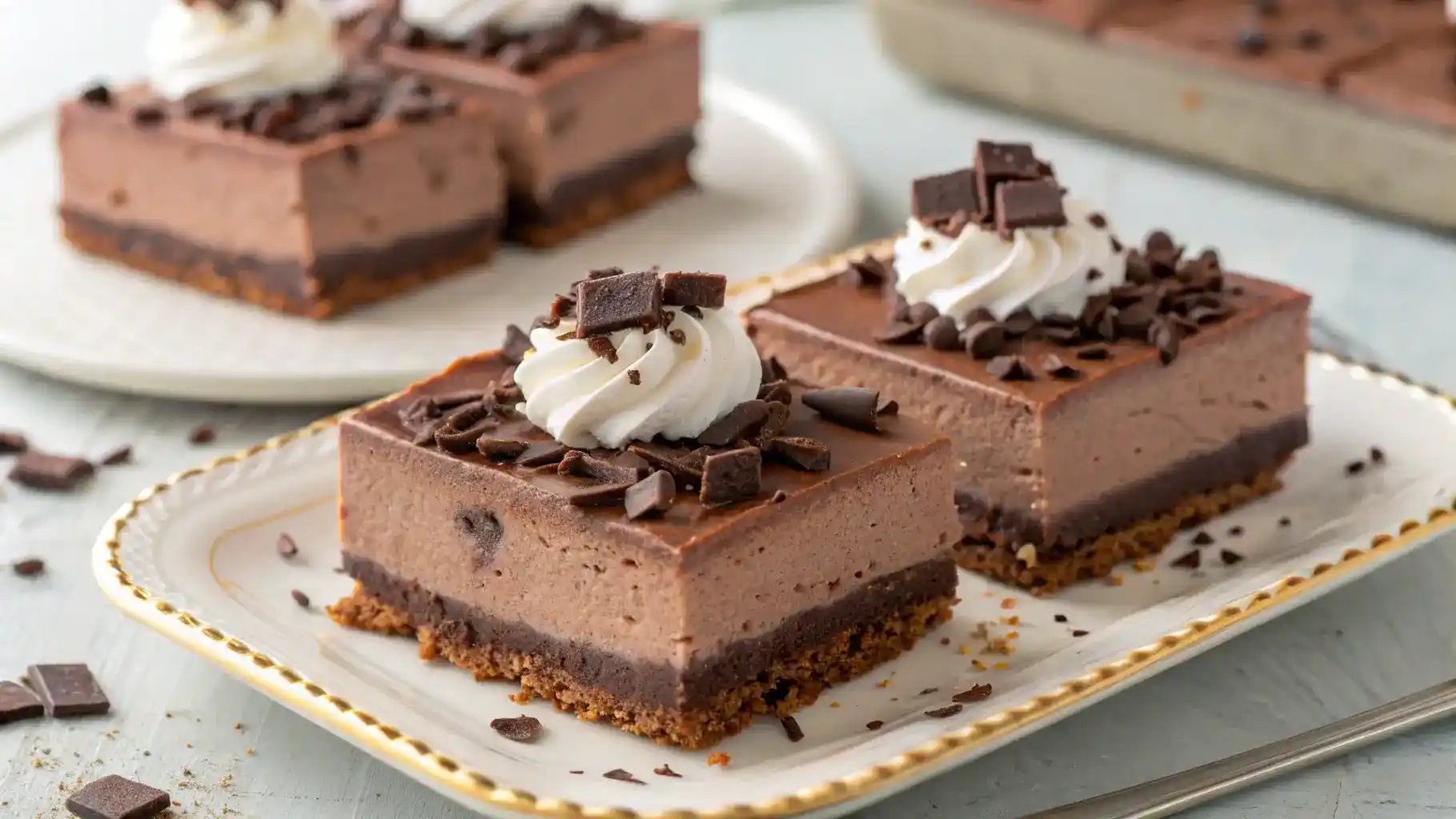 Finished Chocolate No-Bake Cheesecake Bars garnished with chocolate shavings and whipped cream on a decorative plate.
