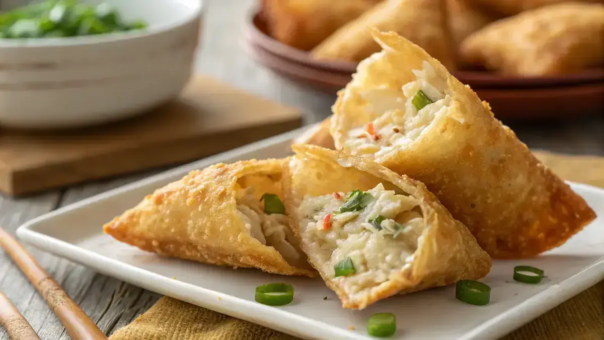 A close-up of crispy fried crab rangoon bombs on a white plate, one cut open showing creamy filling.