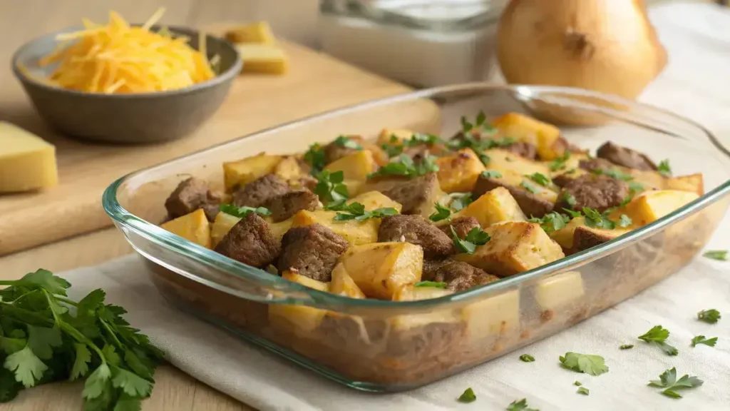 Close-up of a glass baking dish with golden brown potato cubes and tender beef chunks topped with melted cheddar cheese and parsley.