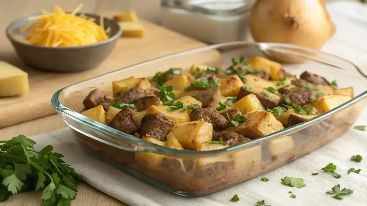 Close-up of a glass baking dish with golden brown potato cubes and tender beef chunks topped with melted cheddar cheese and parsley.