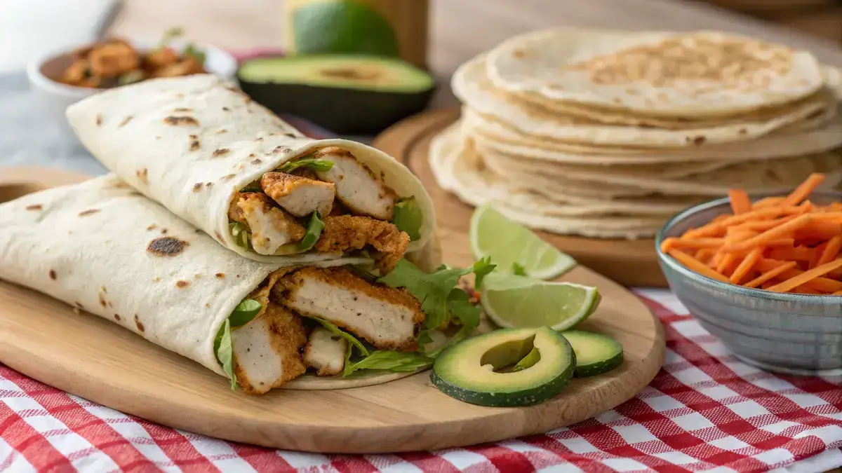 A stack of warm flour tortillas on a checkered tablecloth with a tortilla wrap filled with chicken and vegetables.