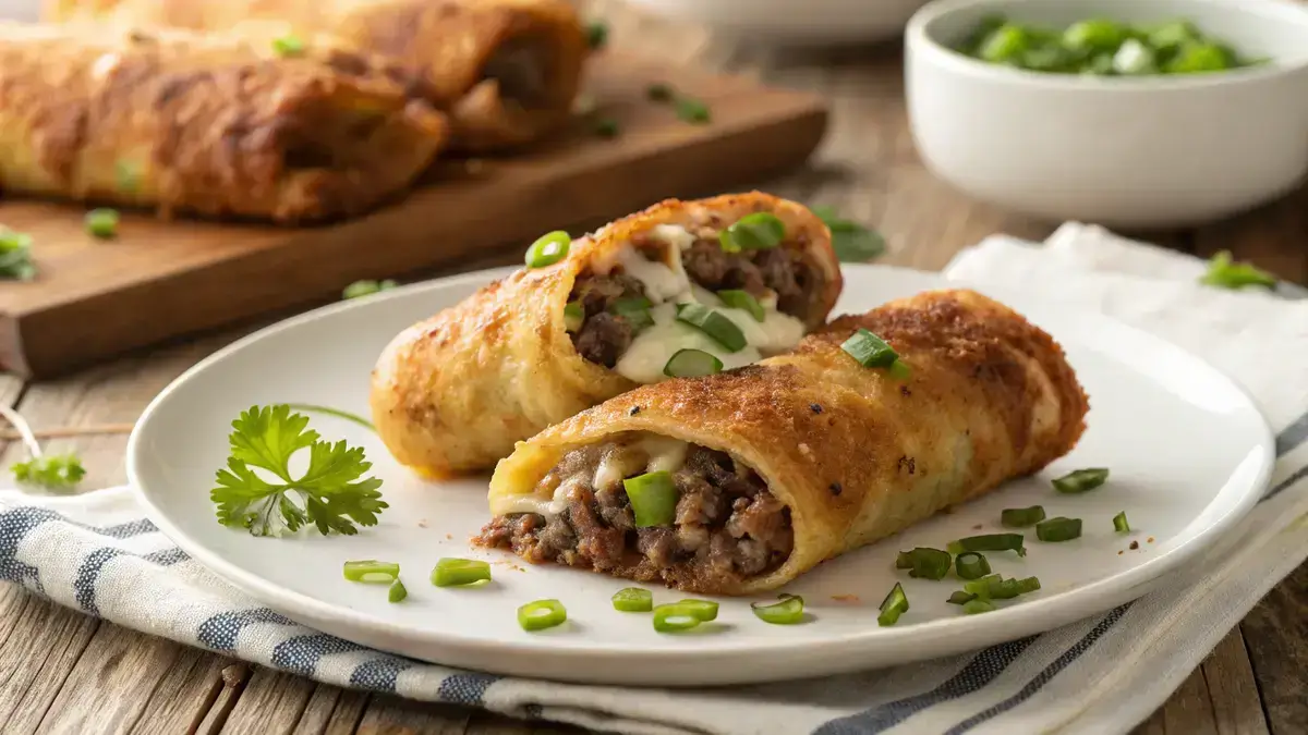 Close-up of golden-brown Keto Philly Cheesesteak Roll-Ups on a white plate, showcasing melted cheese and fresh ingredients.