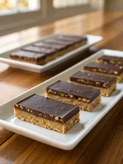 Close-up of homemade date-peanut bars on a white plate with a wooden background, showcasing their chocolate-brown top and textured interior.