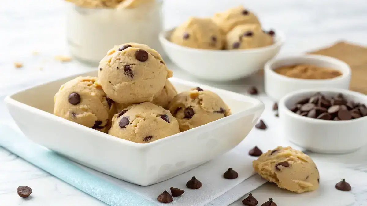 Close-up of peanut butter cookie dough balls with chocolate chips on a white plate