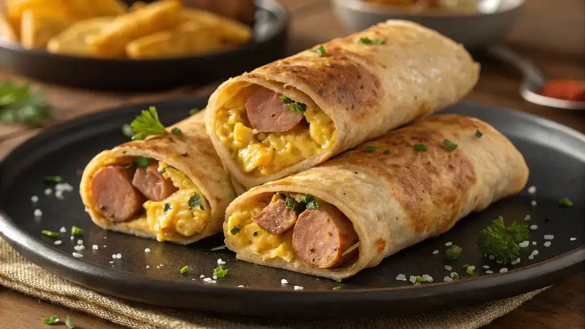 Three golden-brown tortilla roll-ups filled with sausage, scrambled eggs, and cheddar cheese on a dark plate.