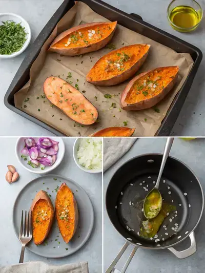 Step-by-step preparation of Sweet Potato Boats with sautéed spinach, mushrooms, and feta cheese.