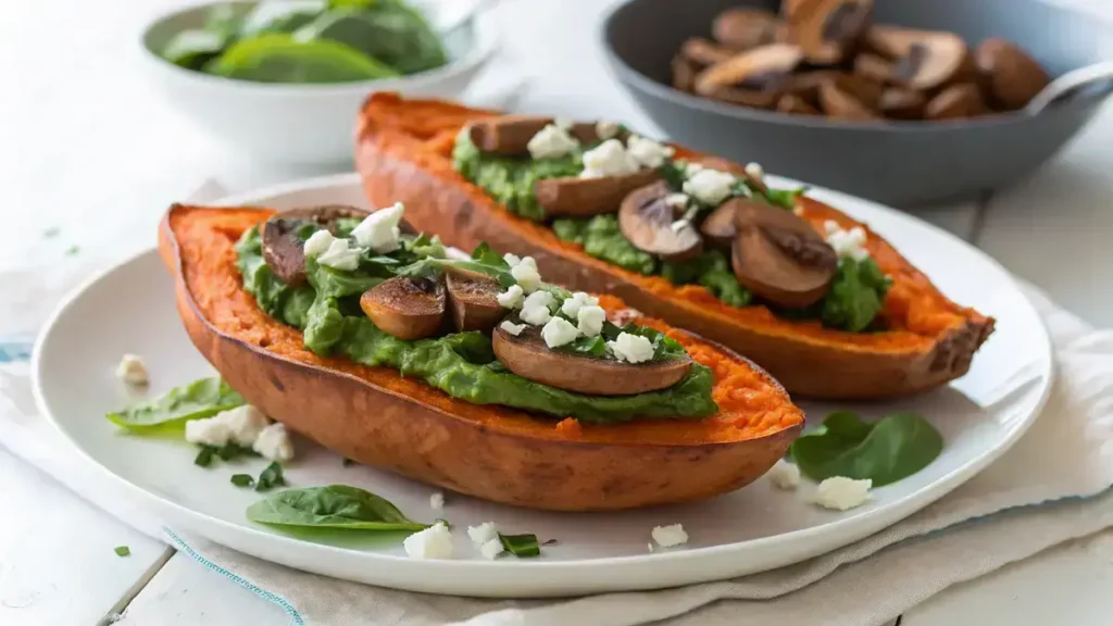 Close-up of two roasted sweet potato boats filled with sautéed spinach and mushrooms, topped with feta cheese and avocado dressing.