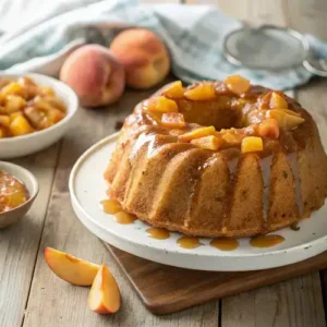 Golden-brown bundt cake topped with caramel glaze and fresh peaches on a rustic wooden table