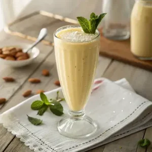 Tall clear glass of creamy smoothie with condensation, mint leaf, and wooden table background.