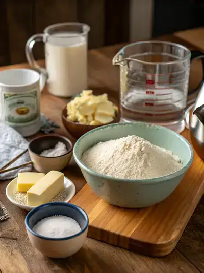 Ingredients for making flour tortillas including flour, salt, baking powder, butter, and boiling water.