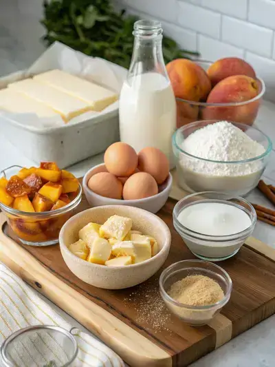 Ingredients for Peach Cobbler Pound Cake displayed on a wooden cutting board