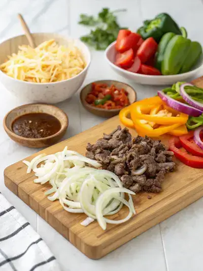 Fresh ingredients for Keto Philly Cheesesteak Roll-Ups on a wooden cutting board, including cheese, beef, onions, and bell peppers.
