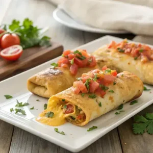Close-up of beef and cheese chimichangas with melted cheese and fresh toppings on a rustic wooden table.