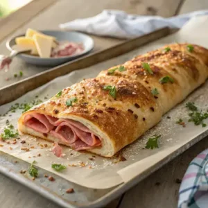 Golden Italian stromboli with crispy cheese and herbs on a rustic baking tray.