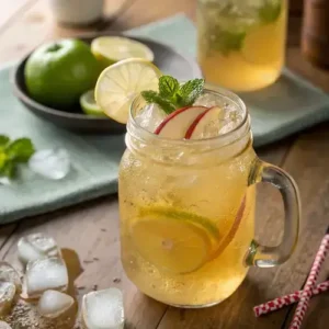 Mason jar filled with golden detox drink and garnished with mint, set on a wooden table.