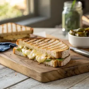 Detailed view of a pepper jack cheese sandwich with grill marks and crumbs on a rustic wooden board.