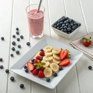 White plate with fresh fruit slices and a pink smoothie, set against a minimalistic background.