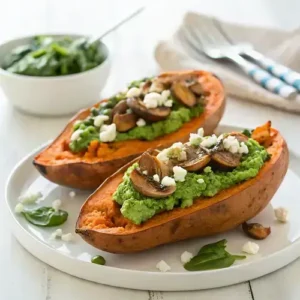 Two halved sweet potatoes on a white plate, filled with spinach, mushrooms, and topped with feta and avocado dressing.