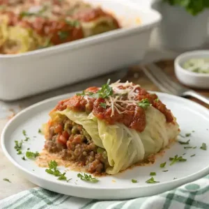 Close-up view of Cabbage Roll Casserole with melted cheese and fresh herbs on a ceramic plate.
